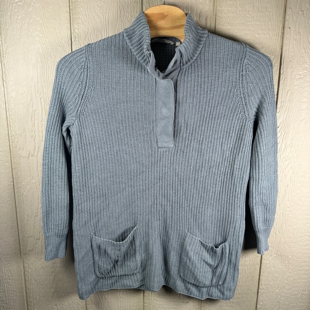 Soft Surroundings Highland Tunic Sweater Large Gray Knit Snap Neck Patch Pockets
